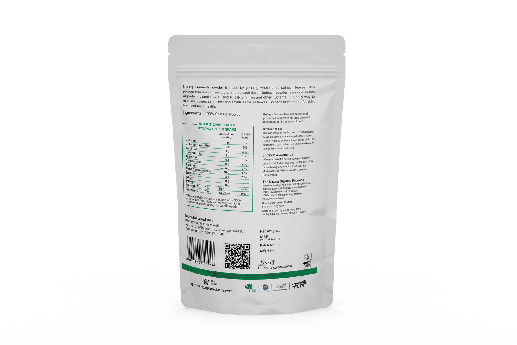 Nisarg Organic Farm Spinach (Palal) Powder