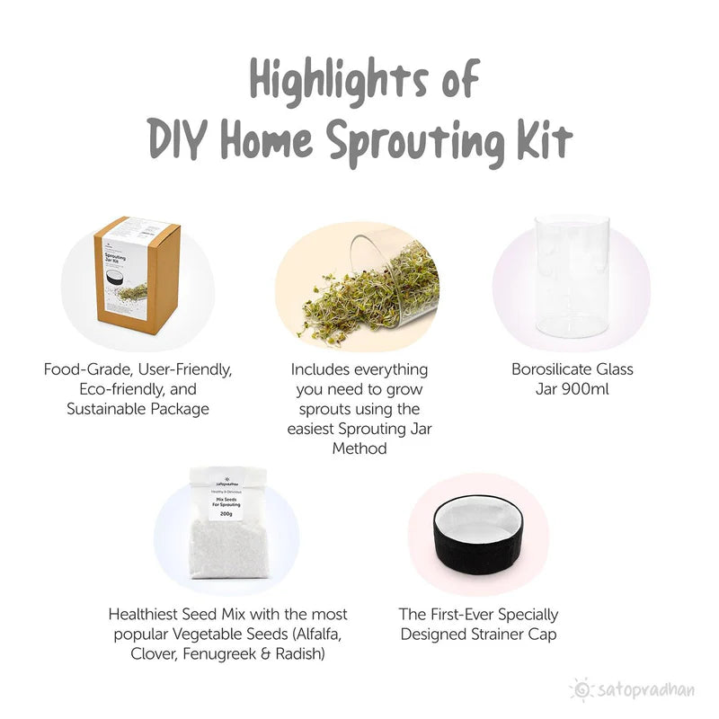 Satopradhan Sprouting Jar Kit -Unique Strainer Cap and Seed Mix Pack - Thoughtfully Designed & Easy to Use DIY Growing Kit