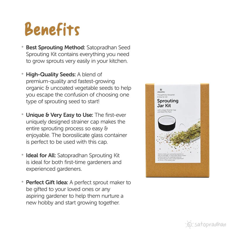 Satopradhan Sprouting Jar Kit -Unique Strainer Cap and Seed Mix Pack - Thoughtfully Designed & Easy to Use DIY Growing Kit