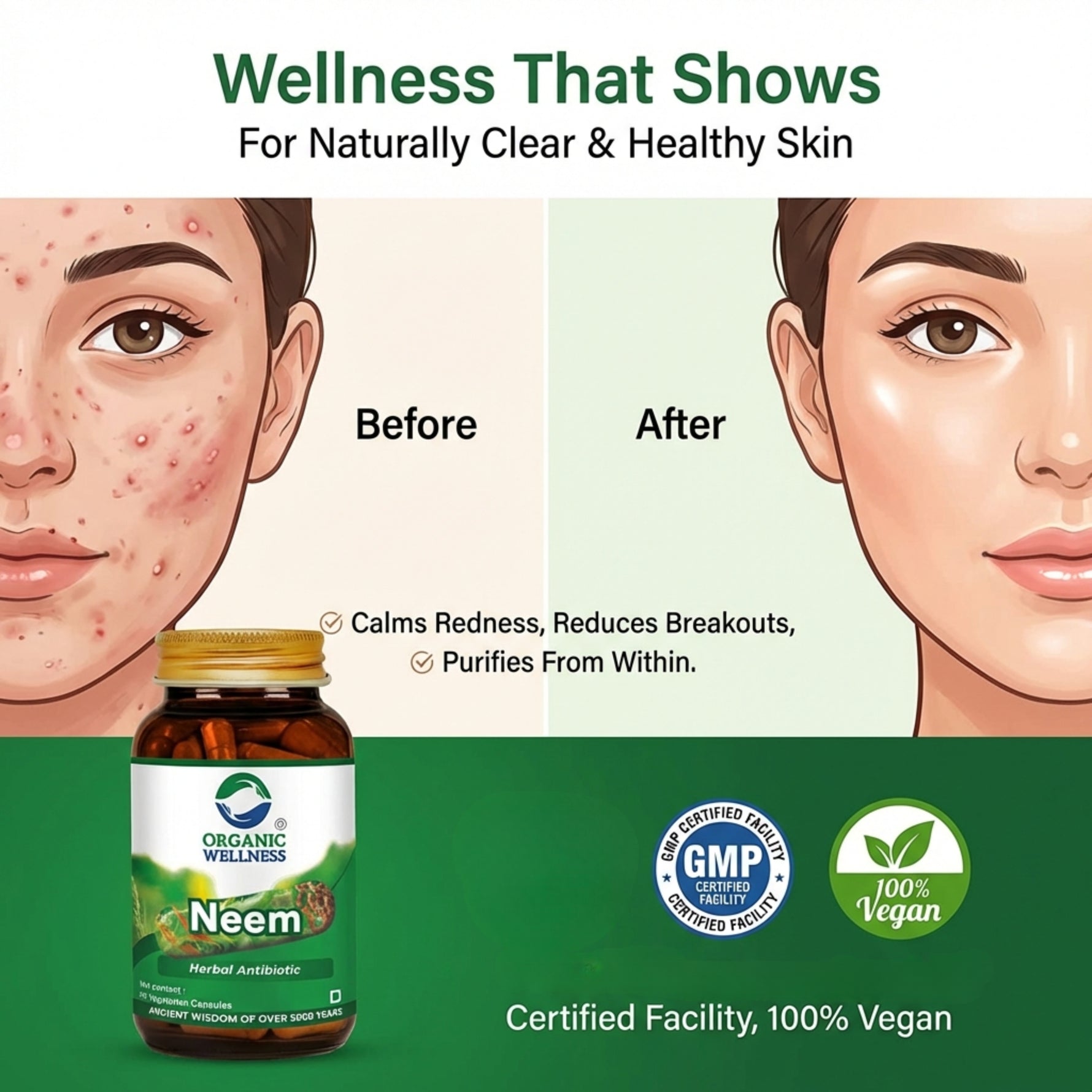 Organic Wellness Neem Capsules -  90 Capsules Bottle
