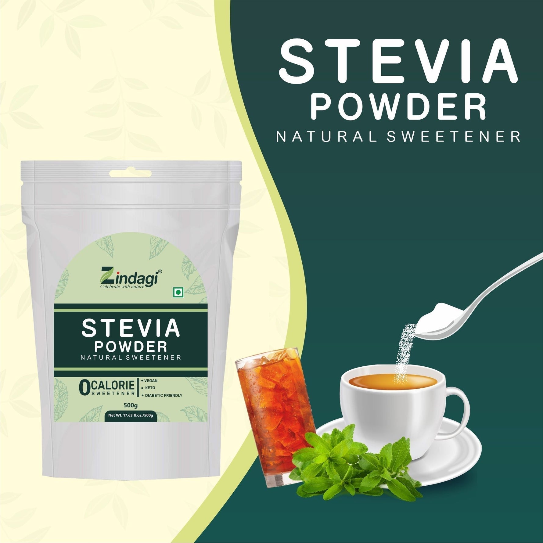 Zindagi Stevia Powder (Rab A 99%) Extract | Stevia Sugar Free Powder | Diabetic Friendly Sweetener | 1kg
