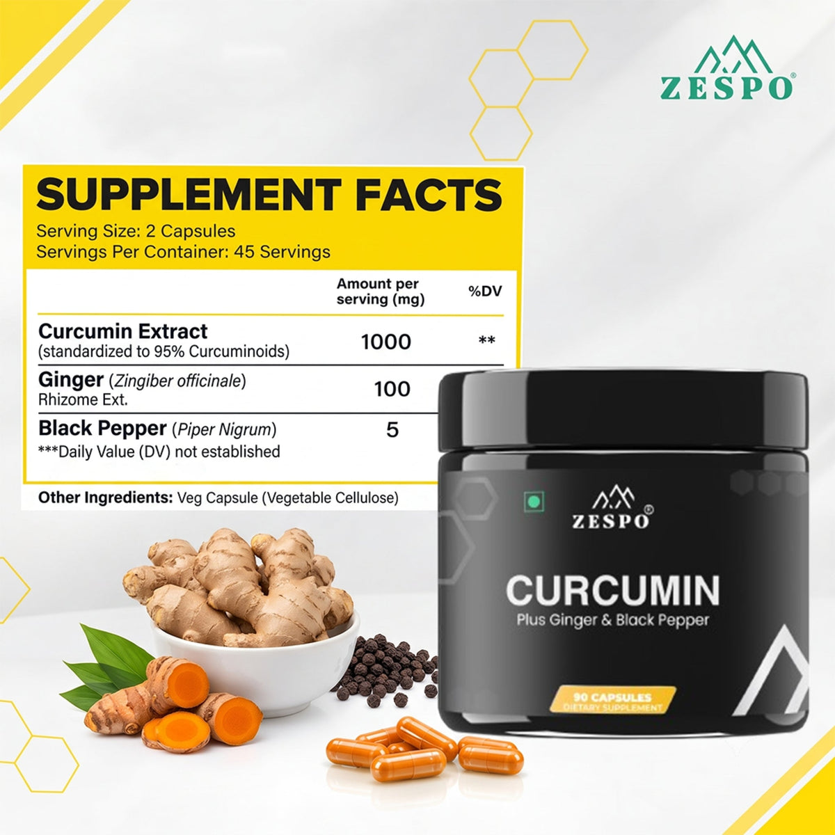 Zespo Curcumin 1,105 mg with Ginger & Black Pepper | 95% Curcuminoids | Joint Comfort, Mobility & Antioxidant Support | 90 Vegan Capsules