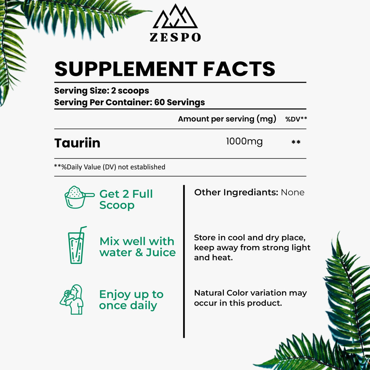 Zespo Taurine Powder 1,000 mg | Pure Taurine Amino Acid | Energy & Active Lifestyle Support | 60 Servings | 60 g