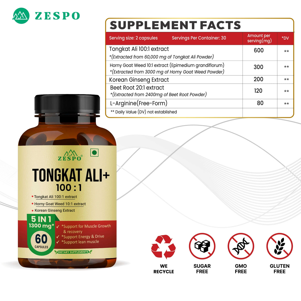 Zespo Tongkat Ali 100:1 Extract 5-in-1 Herbal Formula | Horny Goat Weed, Korean Ginseng, Beet Root & L-Arginine | Energy & Stamina Support | 60 Capsules