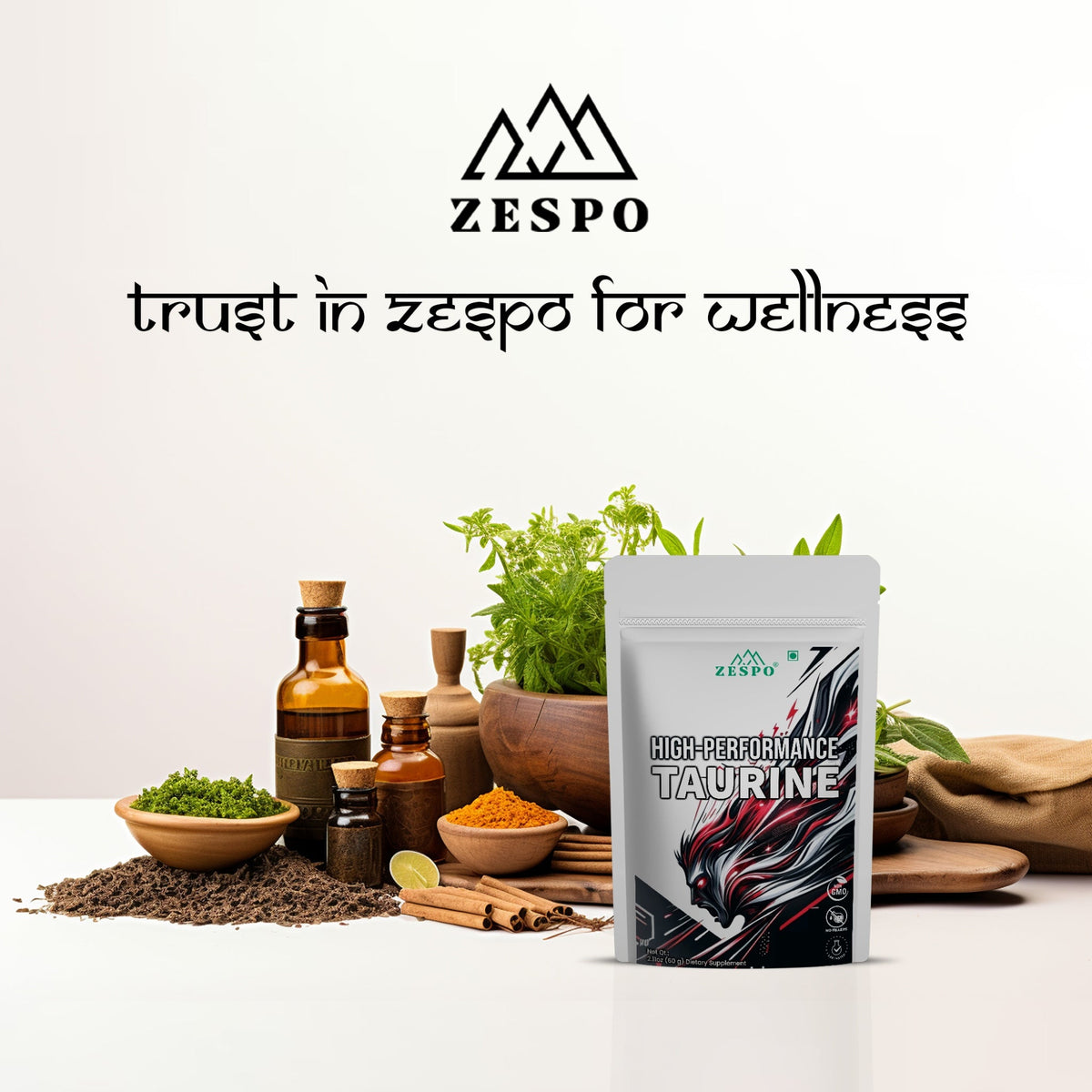 Zespo Taurine Powder 1,000 mg | Pure Taurine Amino Acid | Energy & Active Lifestyle Support | 60 Servings | 60 g