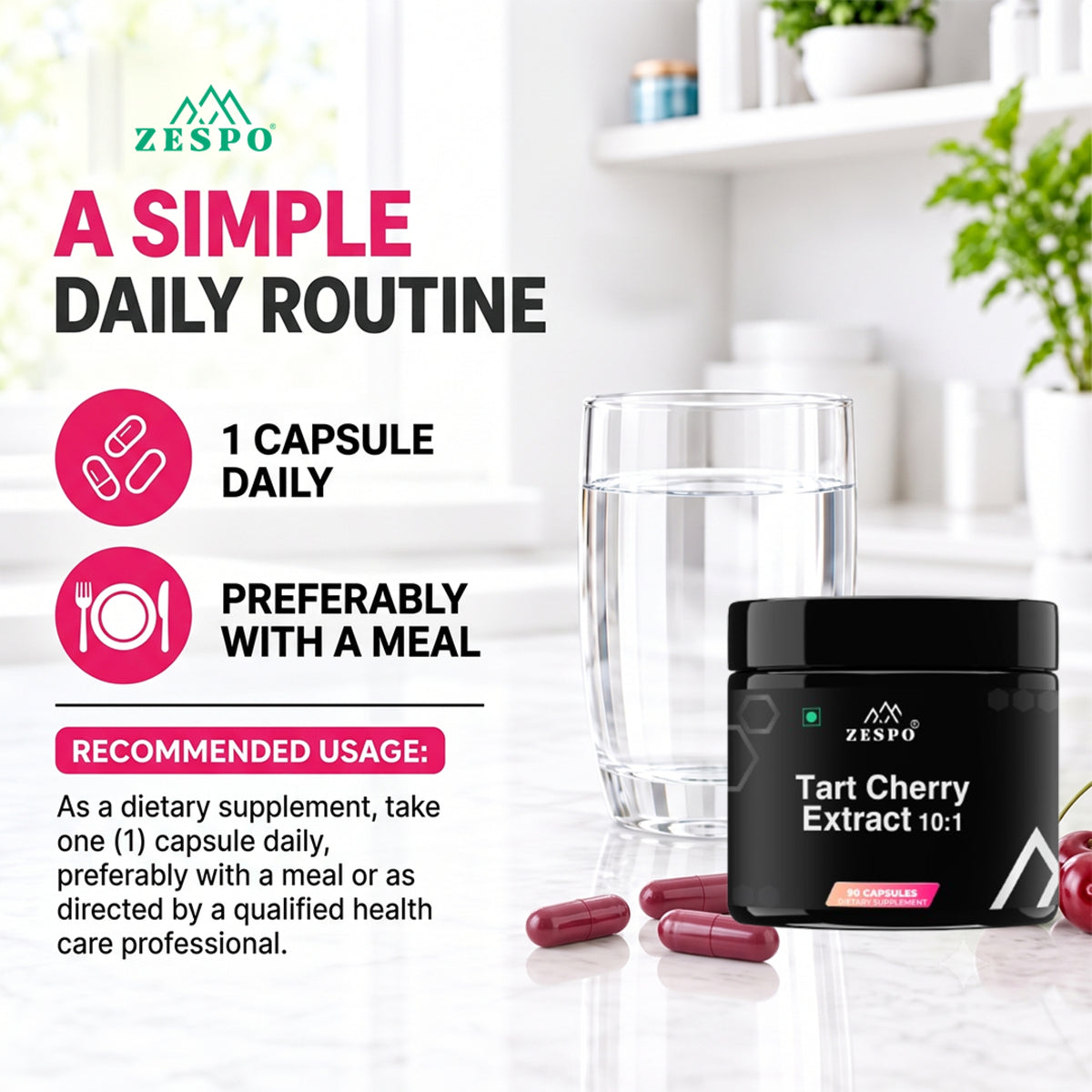 Zespo Tart Cherry 10:1 Extract 450 mg | Antioxidant, Joint Comfort & Exercise Recovery Support | 1 Capsule Daily | 90 Capsules