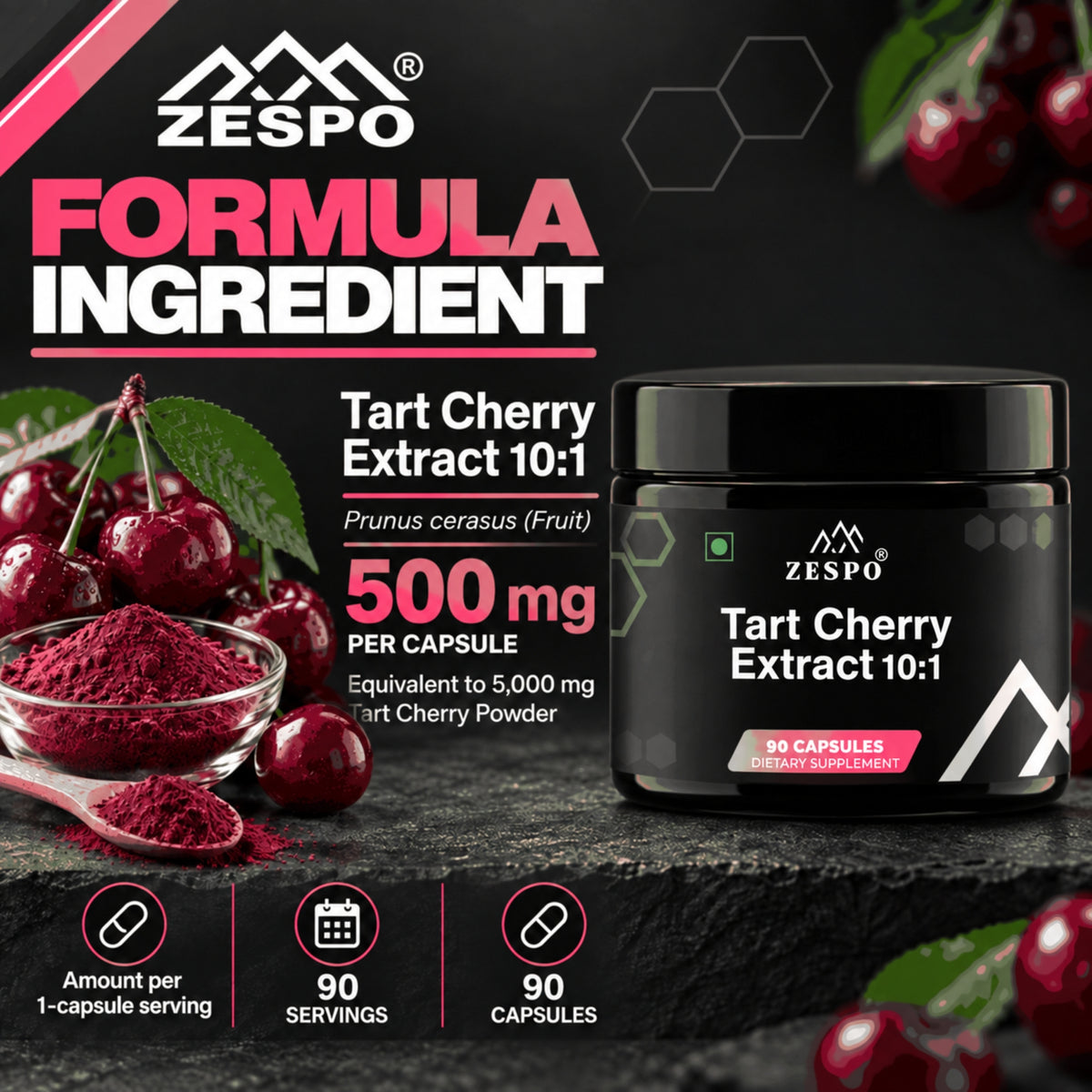 Zespo Tart Cherry 10:1 Extract 450 mg | Antioxidant, Joint Comfort & Exercise Recovery Support | 1 Capsule Daily | 90 Capsules