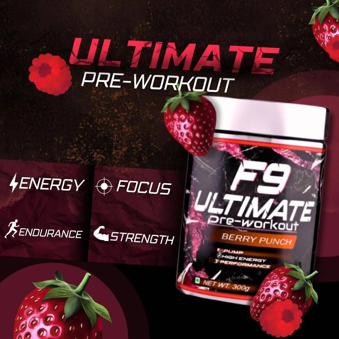 Muscle Asylum F9 Ultimate Pre-Workout Supplement, Berry Punch Flavour, 300g, 30 Servings with Creatine, Beta Alanine and Caffeine