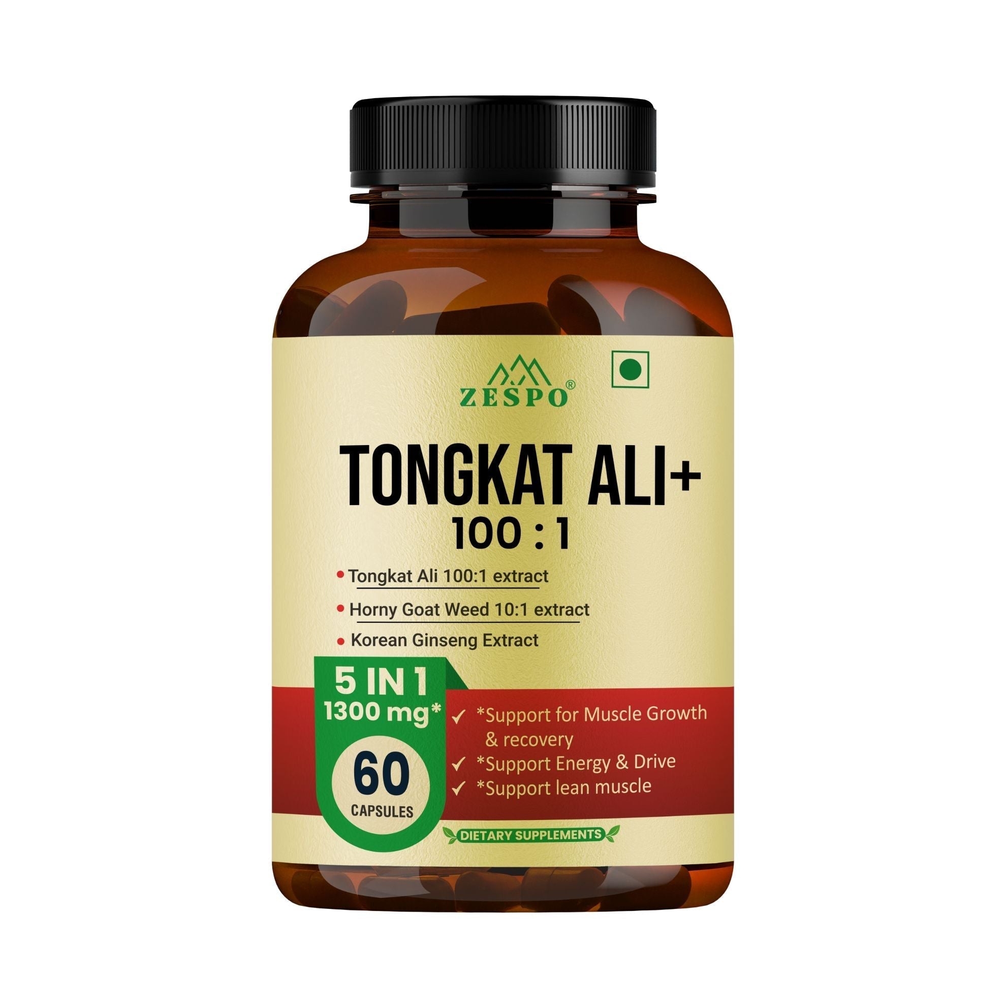 Zespo Tongkat Ali 100:1 Extract 5-in-1 Herbal Formula | Horny Goat Weed, Korean Ginseng, Beet Root & L-Arginine | Energy & Stamina Support | 60 Capsules