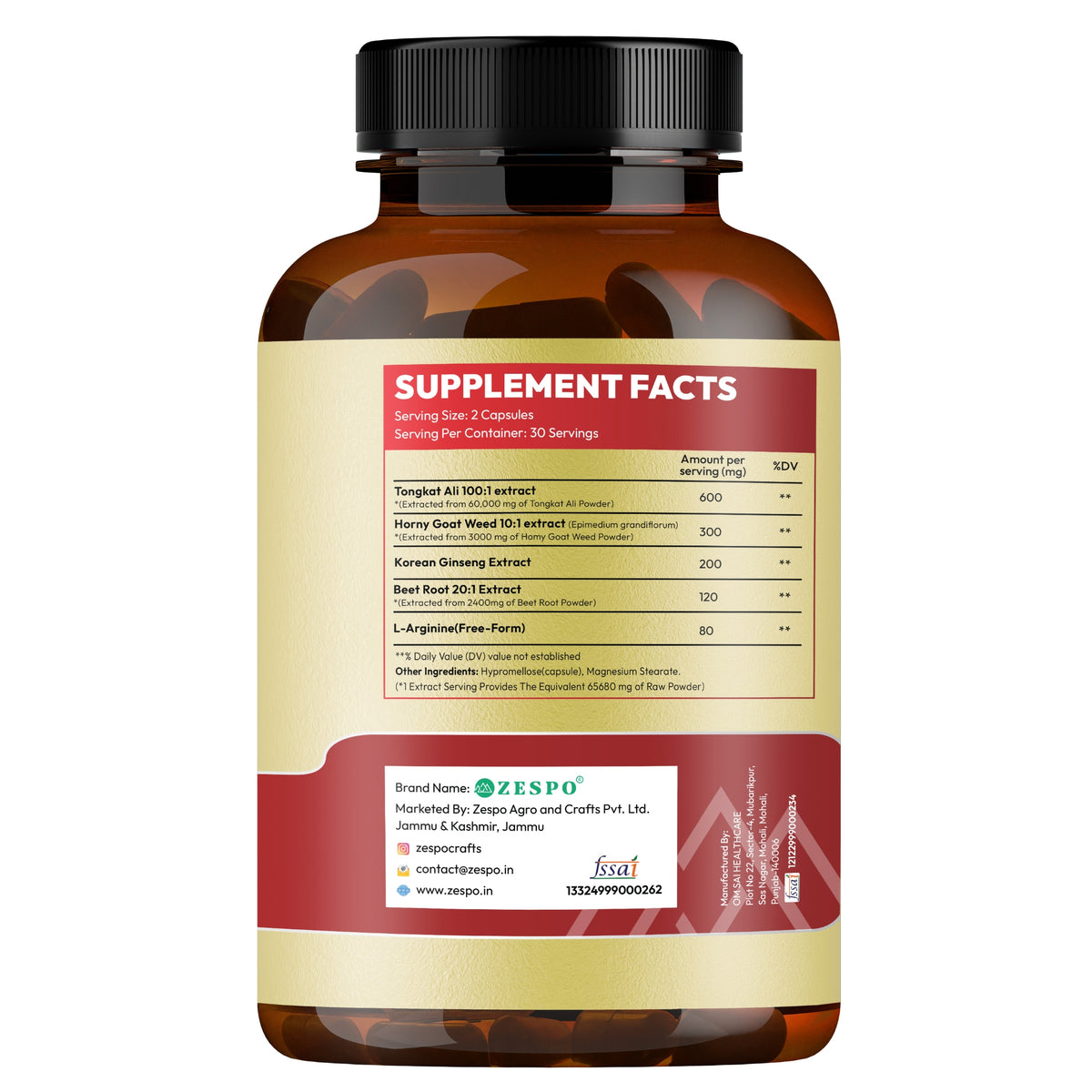 Zespo Tongkat Ali 100:1 Extract 5-in-1 Herbal Formula | Horny Goat Weed, Korean Ginseng, Beet Root & L-Arginine | Energy & Stamina Support | 60 Capsules