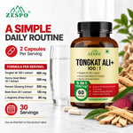 Zespo Tongkat Ali 100:1 Extract 5-in-1 Herbal Formula | Horny Goat Weed, Korean Ginseng, Beet Root & L-Arginine | Energy & Stamina Support | 60 Capsules