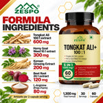 Zespo Tongkat Ali 100:1 Extract 5-in-1 Herbal Formula | Horny Goat Weed, Korean Ginseng, Beet Root & L-Arginine | Energy & Stamina Support | 60 Capsules