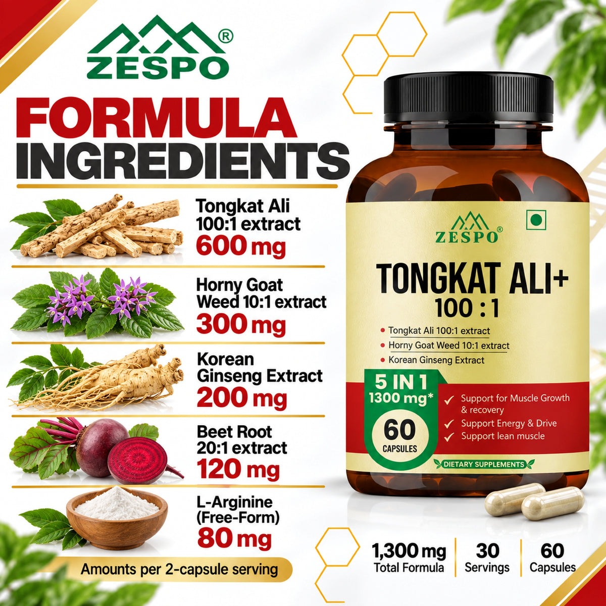 Zespo Tongkat Ali 100:1 Extract 5-in-1 Herbal Formula | Horny Goat Weed, Korean Ginseng, Beet Root & L-Arginine | Energy & Stamina Support | 60 Capsules