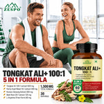 Zespo Tongkat Ali 100:1 Extract 5-in-1 Herbal Formula | Horny Goat Weed, Korean Ginseng, Beet Root & L-Arginine | Energy & Stamina Support | 60 Capsules