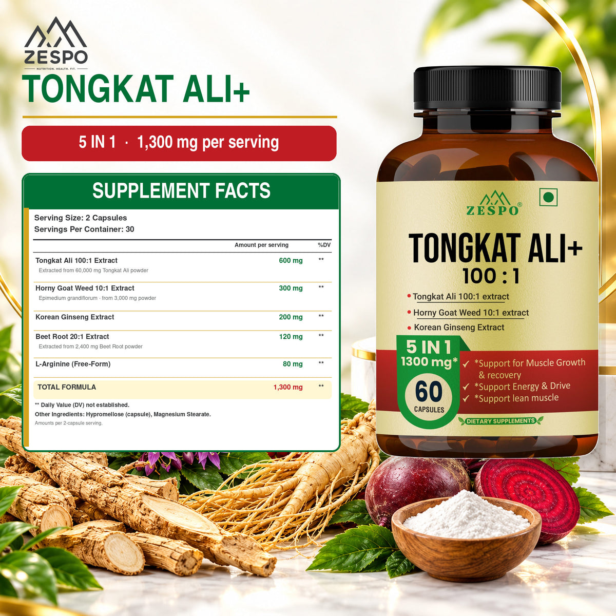 Zespo Tongkat Ali 100:1 Extract 5-in-1 Herbal Formula | Horny Goat Weed, Korean Ginseng, Beet Root & L-Arginine | Energy & Stamina Support | 60 Capsules