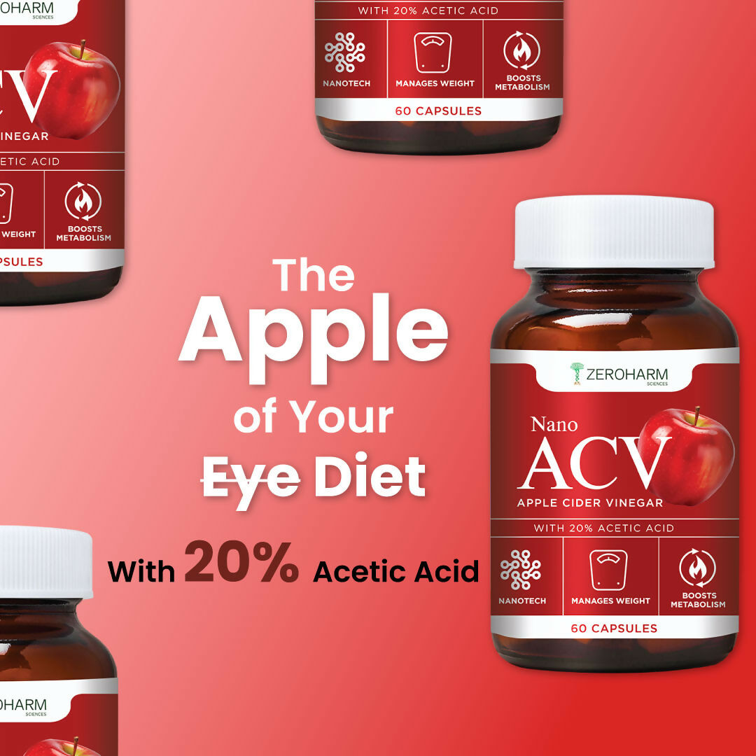 Zeroharm Apple Cider Vinegar Capsules 500 mg with 20% Acetic Acid - Supports Metabolism & Cravings, Appetite - Promotes Gut Health, Digestion & Weight Management - Natural Nano ACV for Men & Women - 60 Capsules