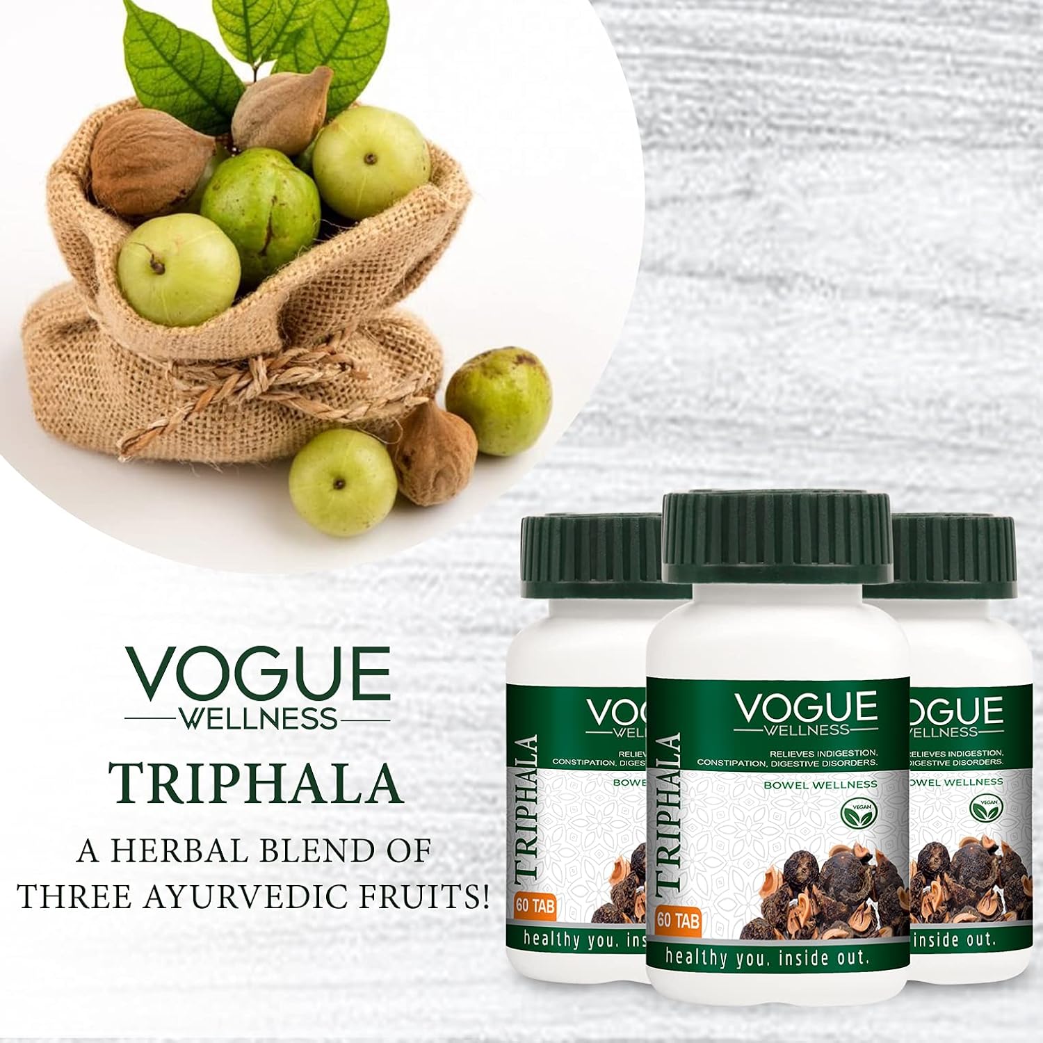 Vogue Wellness Triphala Tablets | Amla, Haritaki & Bibhitaki Herbal Blend | Ayurvedic Supplement for Digestive Wellness, Gut Health, Antioxidant Support & Daily Detox Wellness | 60 Vegetarian Tablets