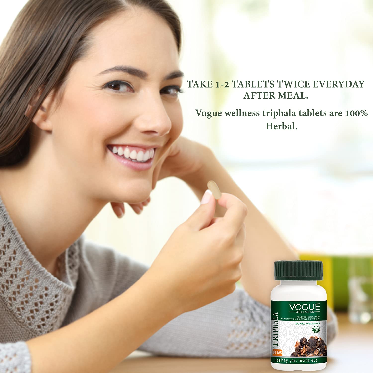 Vogue Wellness Triphala Tablets | Amla, Haritaki & Bibhitaki Herbal Blend | Ayurvedic Supplement for Digestive Wellness, Gut Health, Antioxidant Support & Daily Detox Wellness | 60 Vegetarian Tablets