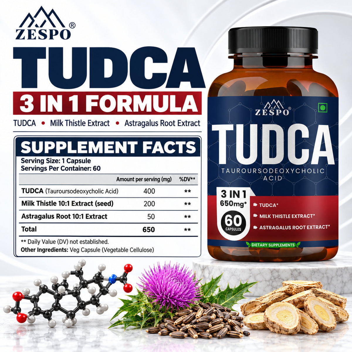 Zespo TUDCA 400 mg 3-in-1 with Milk Thistle & Astragalus | 650 mg per Capsule | Liver & Bile Flow Support | 1 Capsule Daily | 60 Veg Capsules