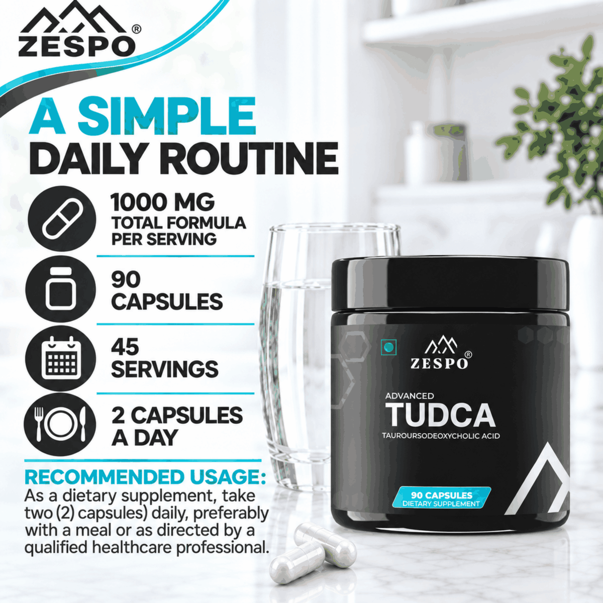 Zespo Advanced TUDCA (Tauroursodeoxycholic Acid) with Milk Thistle & Astragalus Root – Supports Liver Health, Bile Flow & Digestive Wellness – 90 Capsules