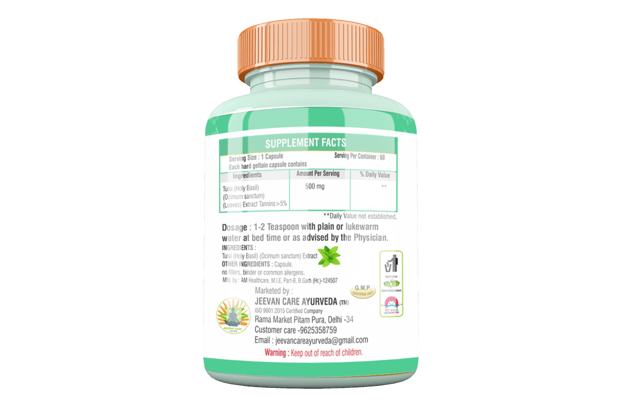 Divya Shree Tulsi Holy Basil Support Immune System & Digestive Function, Pure Tulsi Extract - 60 Capsule, Jeevan Care Ayurveda