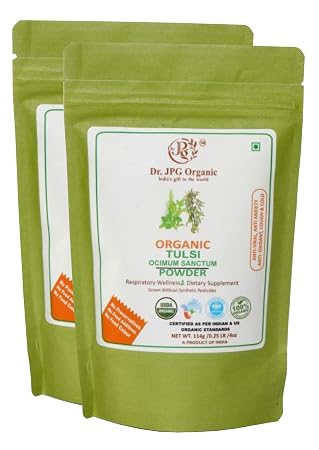 Dr. JPG Organic Tulsi leaf Powder For Immunity, Cough & Could 228g / Ocimum Tenuiflorum/INDIA ORGANIC Certified / 114g Pack of 2