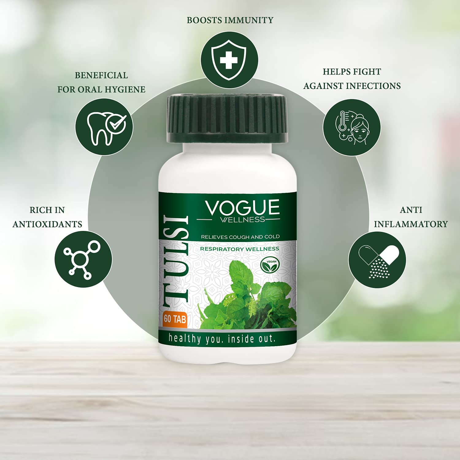 Vogue Wellness Tulsi Tablets | Holy Basil (Ocimum Sanctum) Leaf Extract | Ayurvedic Herbal Supplement for Immunity Support, Respiratory Wellness, Antioxidant Protection & Daily Wellness | 60 Vegetarian Tablets