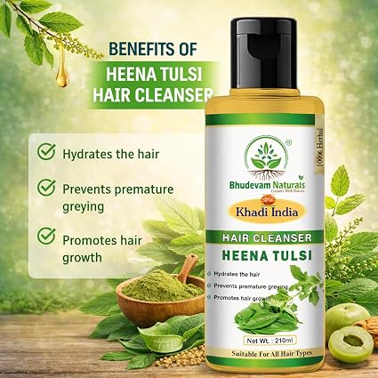 Bhudevam Naturals Khadi Henna & Tulsi Hair Shampoo for Scalp Care & Hair Fall Control- 210ML