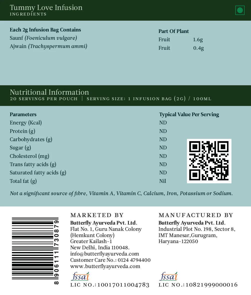 Butterfly Ayurveda Tummy Love Infusion – Soothing Botanical Blend for Digestive Comfort – 20 Tea Bags