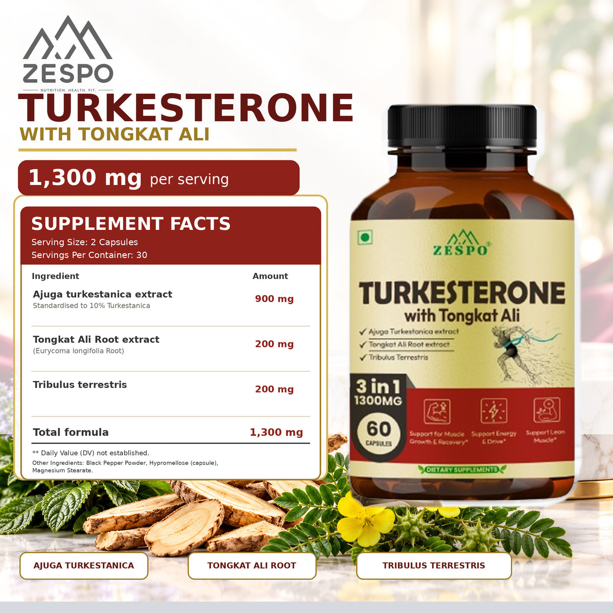 Zespo Turkesterone with Tongkat Ali 1,300 mg | Energy, Vitality & Workout Performance Support | 60 Vegan Capsules