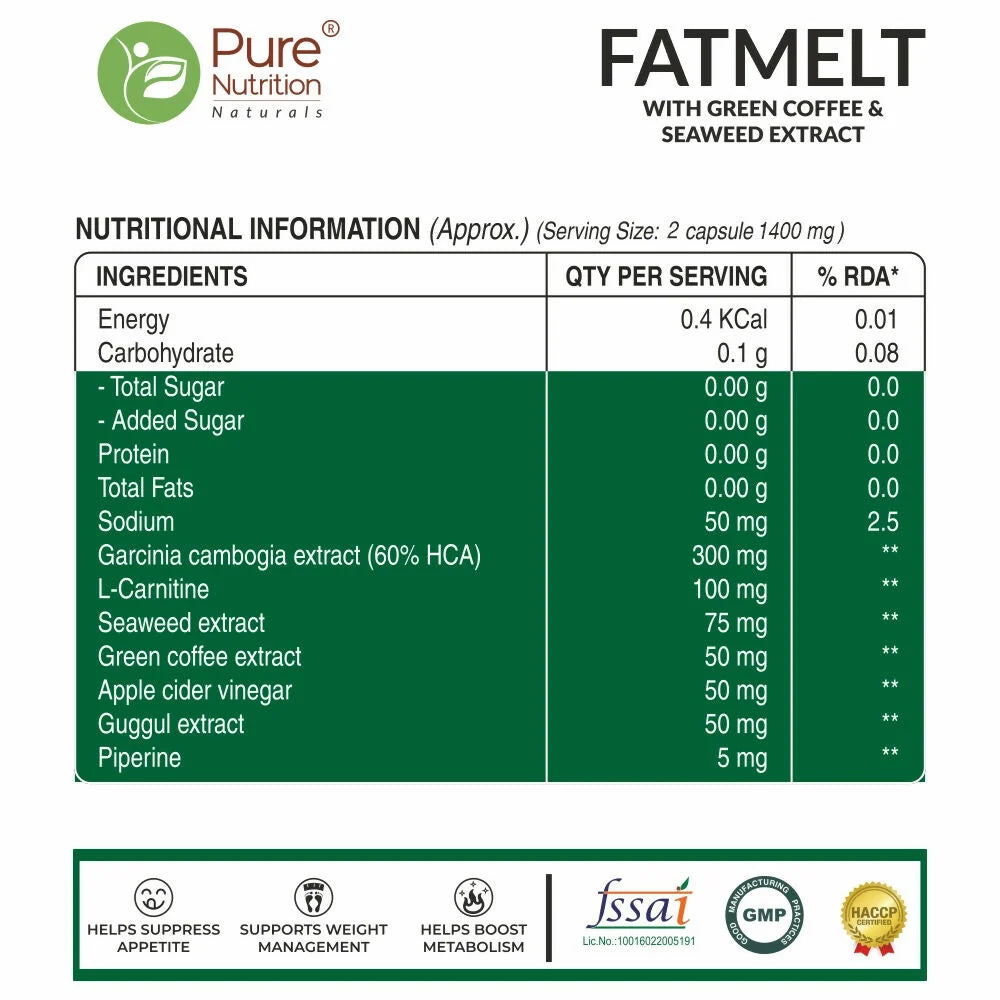 Pure Nutrition Fatmelt with Garcinia Cambogia, L-Carnitine & ACV, 90 Capsules | Weight Support