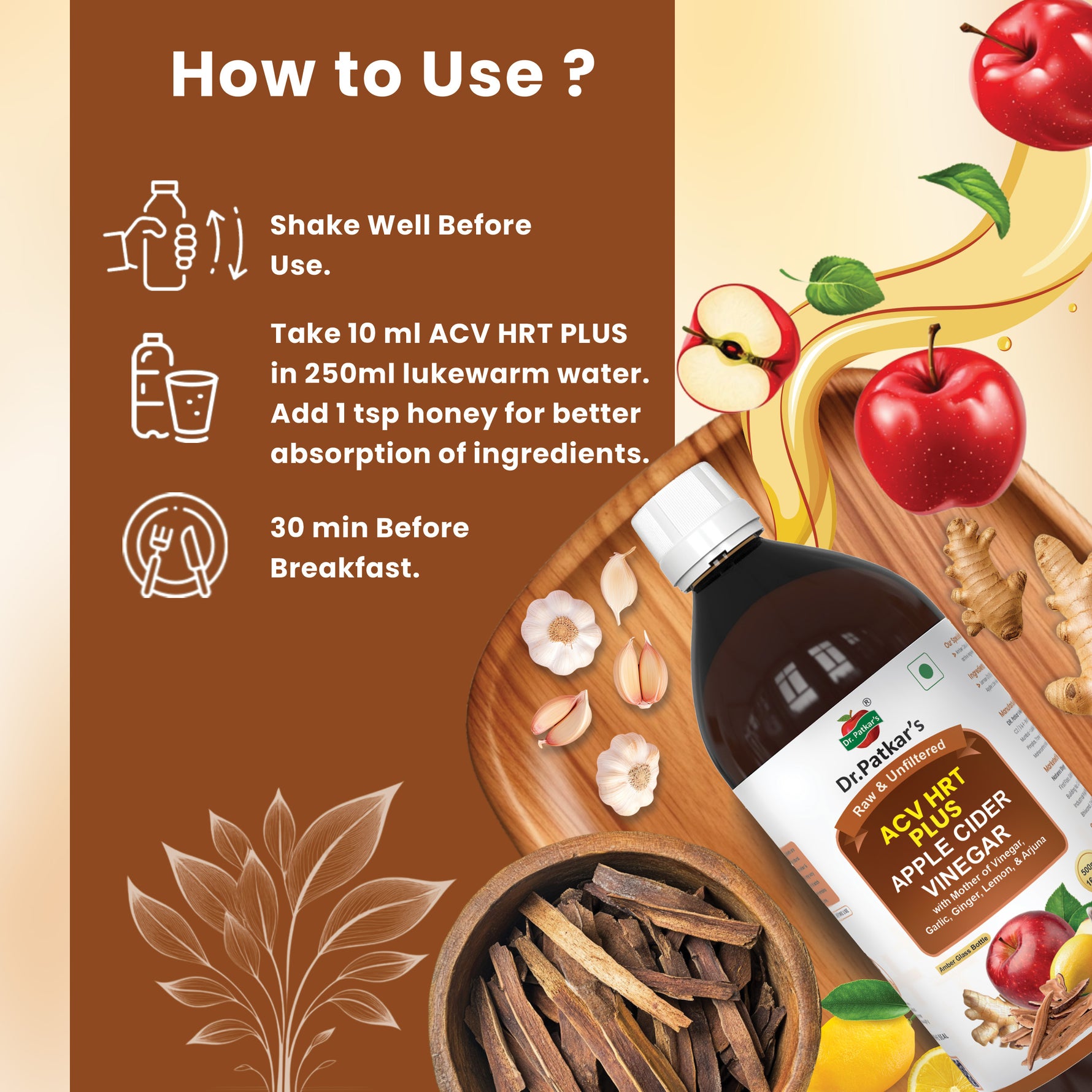 Dr. Patkar's Apple Cider Vinegar with Ginger, Garlic, Lemon & Arjuna (ACV HRT PLUS) + Formula Morning Detox Tonic Heart, Immunity & Digestion Support 500 ML (Pack of 1)
