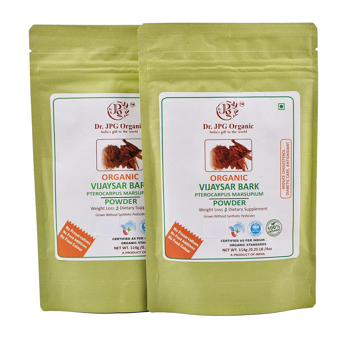 Dr. JPG Organic Vijaysar Bark/Chaal Powder For Diabetic Care-114g | Indian Kino Powder | Pterocarpus Marsupium | INDIA ORGANIC Certified | 100% Organic. (Pack Of 2)
