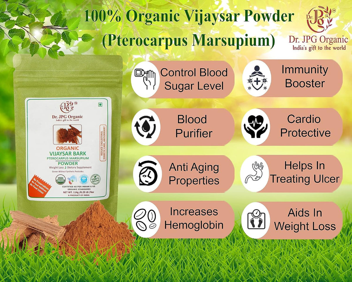 Dr. JPG Organic Vijaysar Bark/Chaal Powder For Diabetic Care-114g | Indian Kino Powder | Pterocarpus Marsupium | INDIA ORGANIC Certified | 100% Organic. (Pack Of 2)