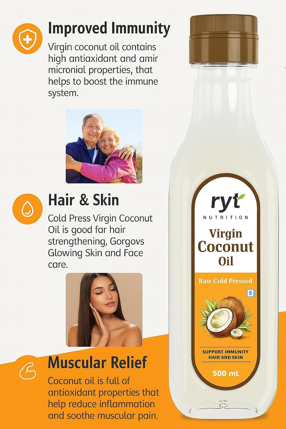 Ryt Nutrition Virgin Cold Pressed Coconut Oil (500ml) | 100% Pure and Natural | Cholesterol-free | Ideal for Cooking, Skin Care, Baby Care, and Oil Pulling