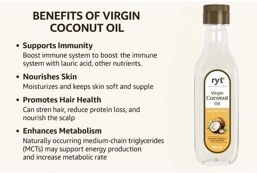 Ryt Nutrition Virgin Cold Pressed Coconut Oil (500ml) | 100% Pure and Natural | Cholesterol-free | Ideal for Cooking, Skin Care, Baby Care, and Oil Pulling