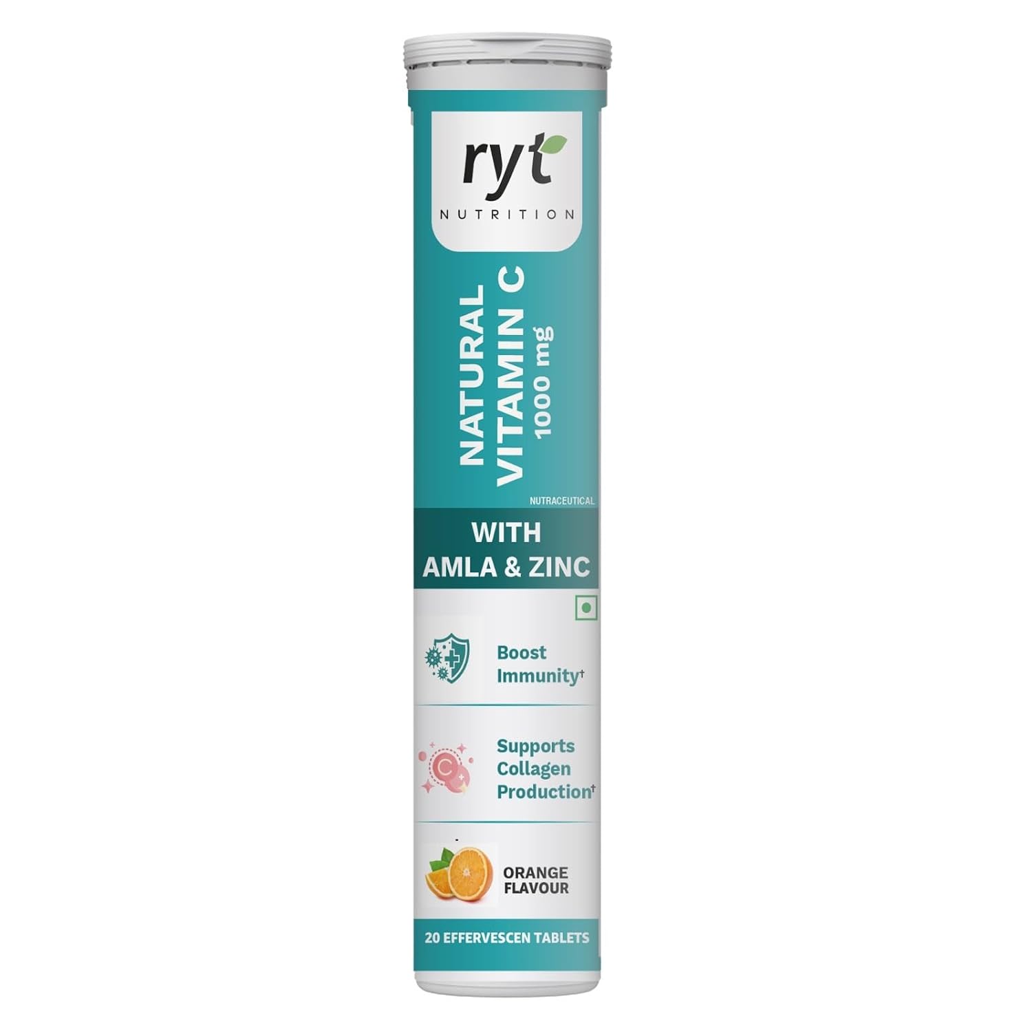 Ryt Nutrition Vitamin C (1000mg), 20 Effervescent Tablets With Amla & Zinc | Orange Flavour | Immunity & Energy Booster | Antioxidant Support | Skin Care & Organic Wellness Supplement