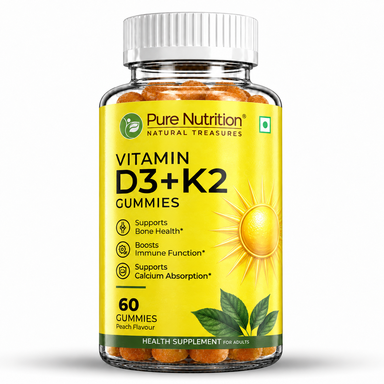 Pure Nutrition Vitamin D3 and K2 Gummies 60 Gummies for bone health, calcium absorption and immune support