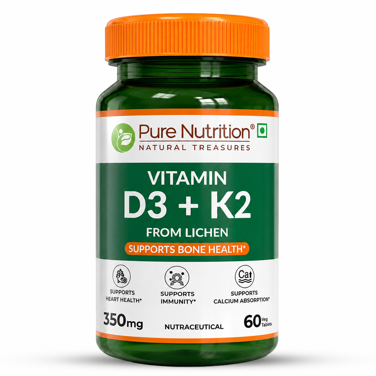 Pure Nutrition Vitamin D3 + K2 Tablets – 60 Veg Tablets for Bone, Immunity, Joint & Heart Health
