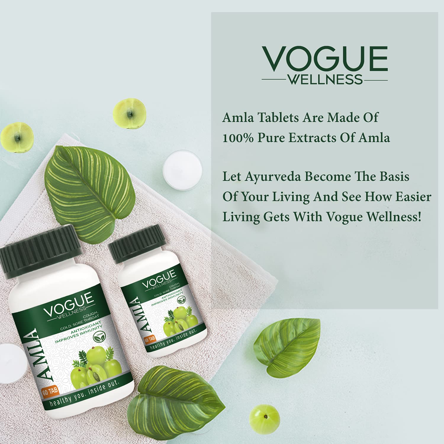 Vogue Wellness Amla Tablets | Indian Gooseberry Extract with Natural Vitamin C & Antioxidants | Supports Immunity, Skin, Hair & Digestive Wellness | Daily Herbal Supplement | 60 Vegetarian Tablets