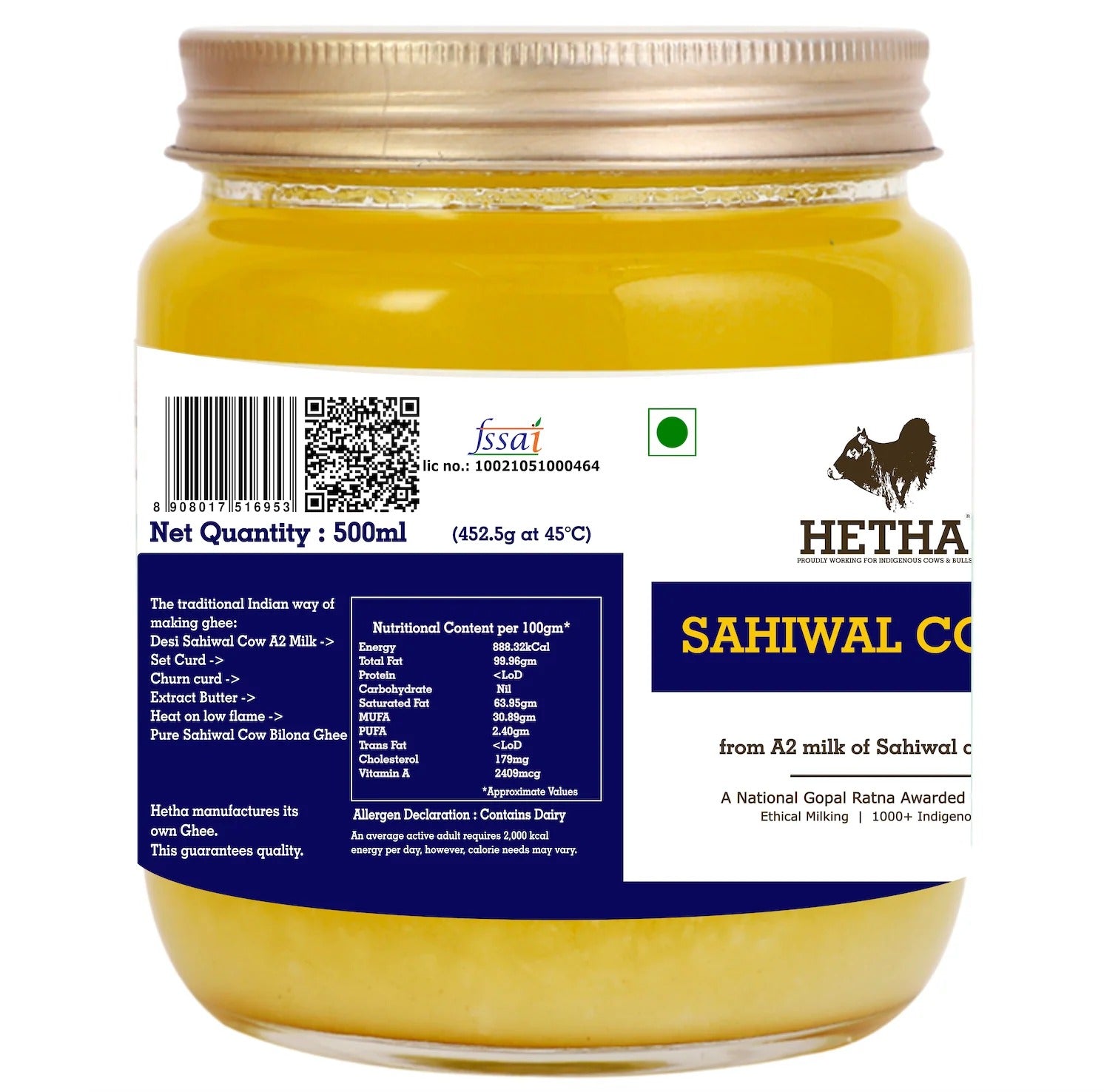 Hetha Sahiwal Cow A2 cultured Bilona Ghee / A2 Ghee - 500ml