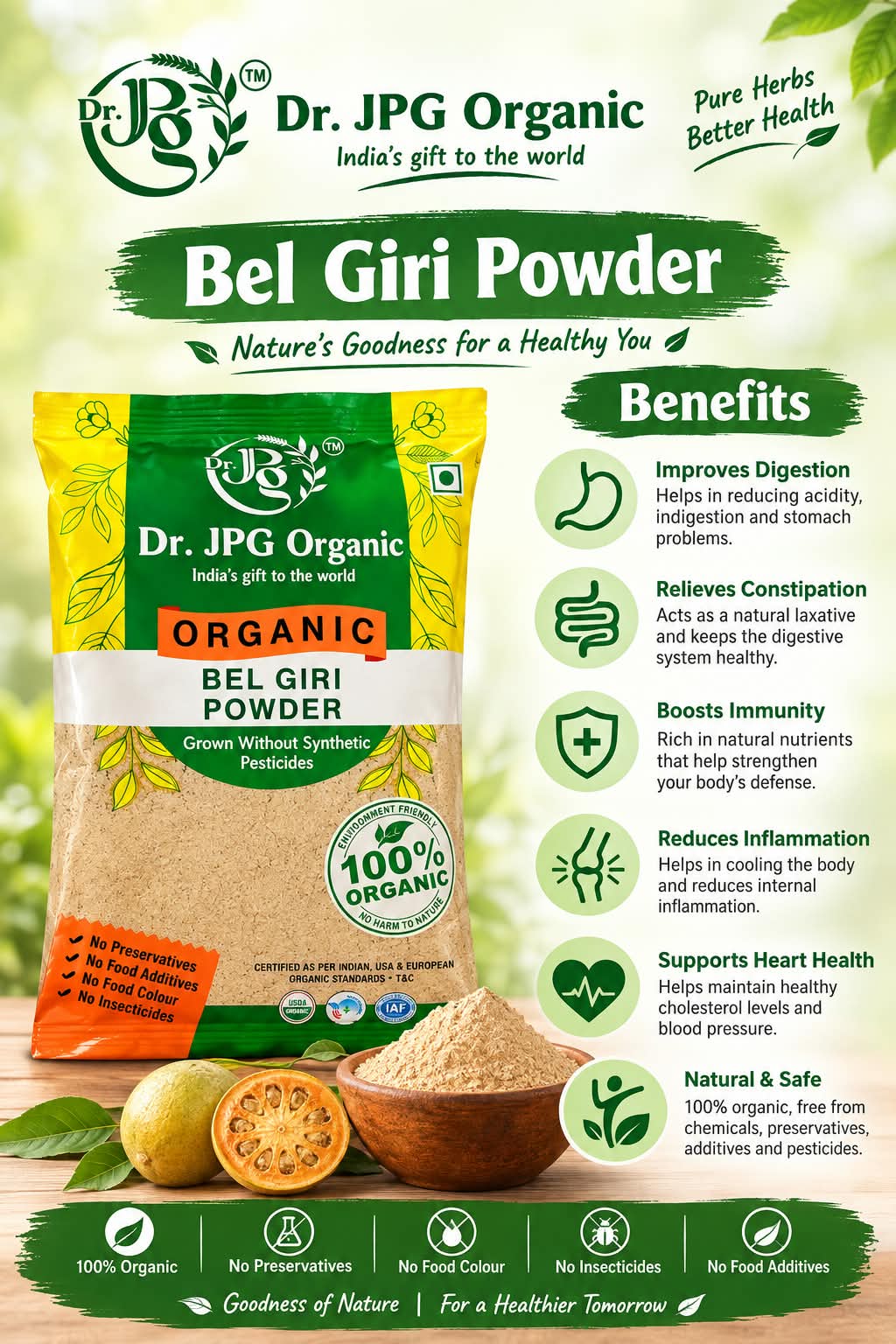 DR. JPG Organic Bel Giri Powder (200g) | Pure Bael Fruit / Wood Apple / Bilva Fruit Powder | 100% Certified Organic