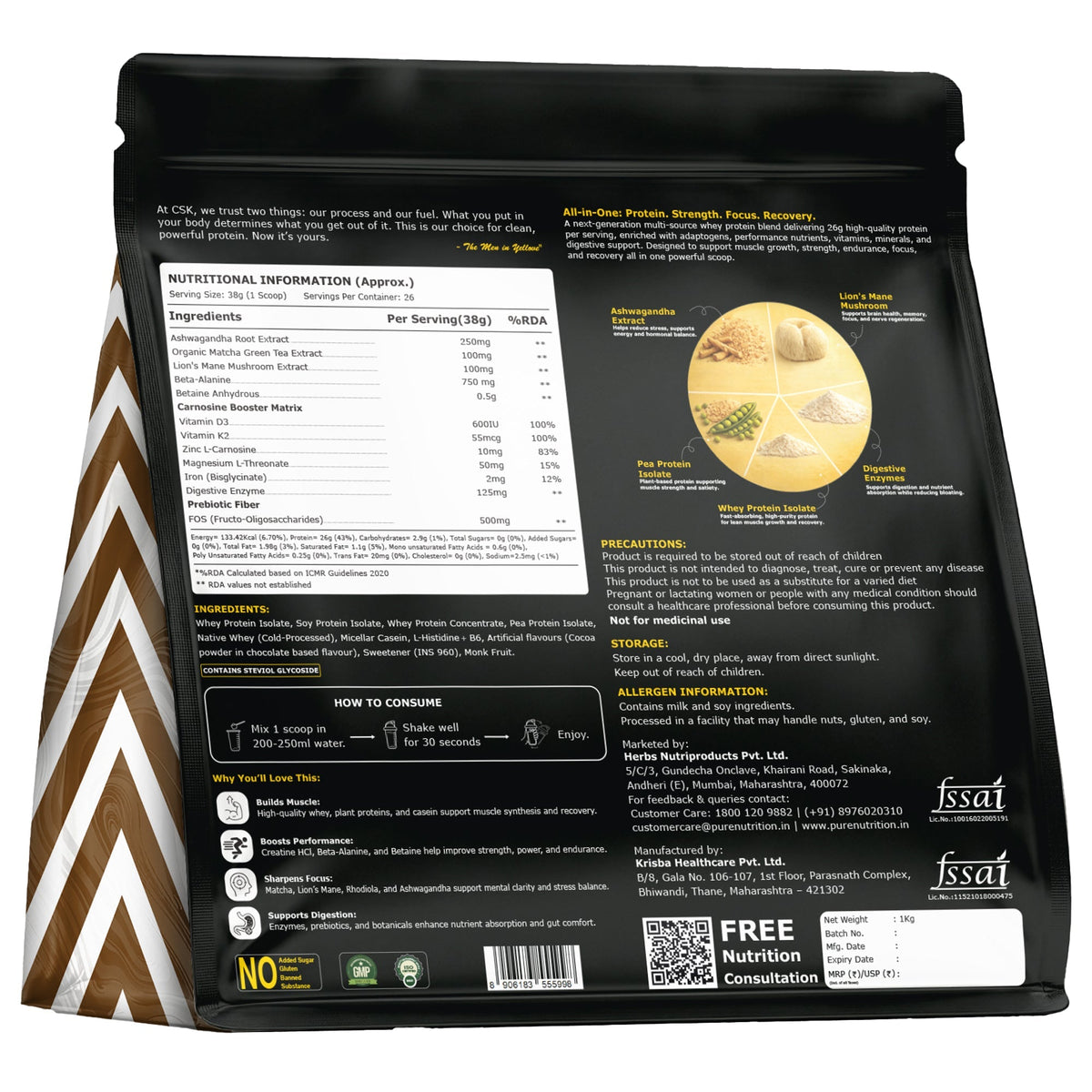 CSK Limited Edition Pure Nutrition NXT SHIFT All-In-One Whey Blend Powder - Belgian Chocolate, 1Kg Pouch