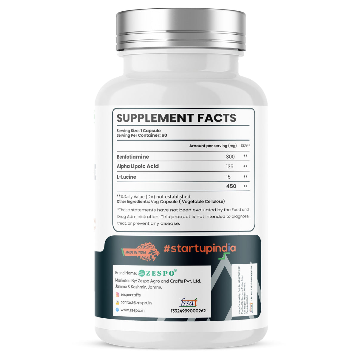 Zespo Benfotiamine 3-in-1 Formula 450 mg | Benfotiamine 300 mg + Alpha Lipoic Acid + L-Leucine | Nerve Health & Energy Support | 60 Capsules