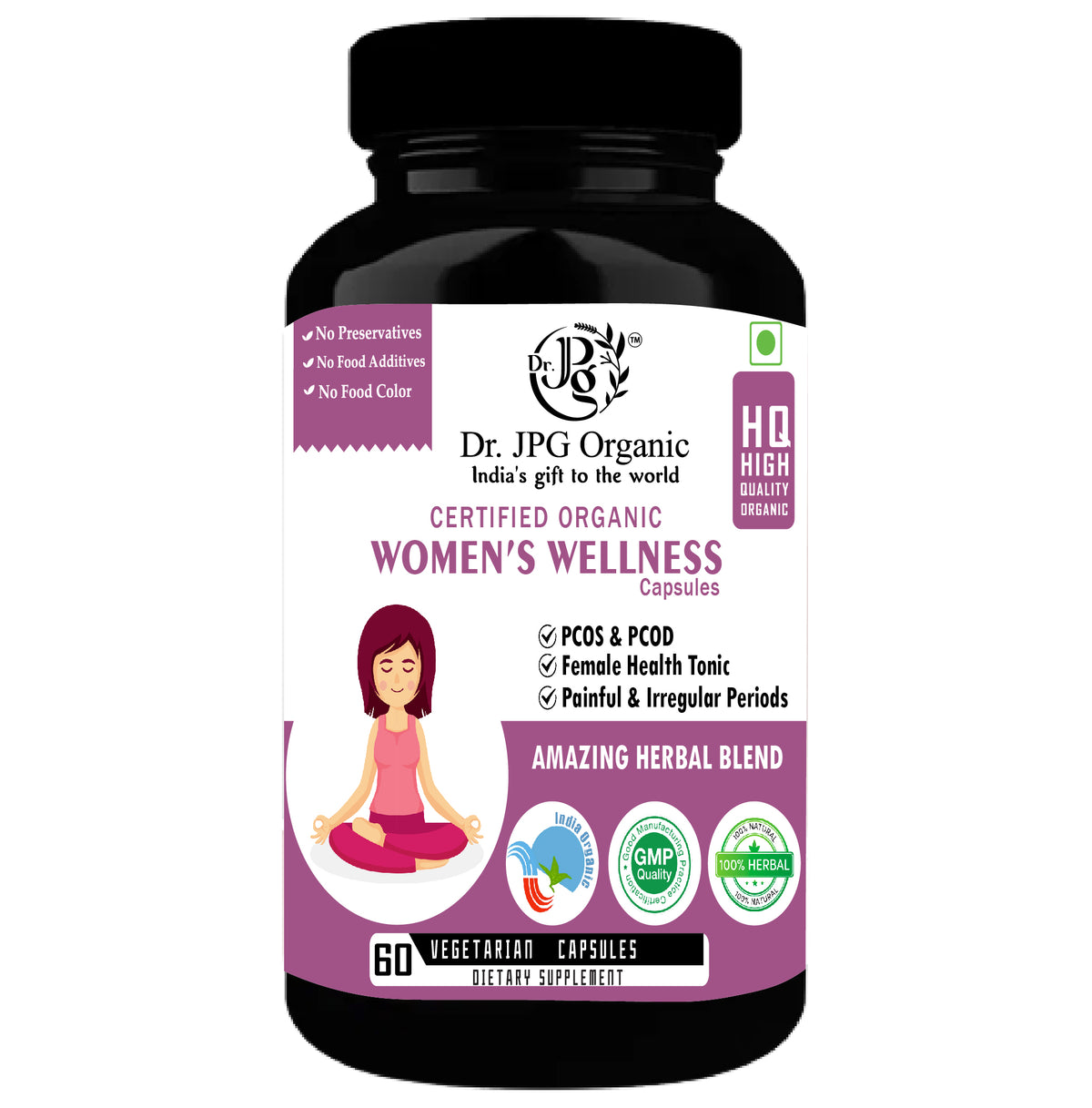 Dr. JPG Organic Women wellness 500mg, 60veg. Capsules | INDIA Organic Certified | ISO & GMP Certified.