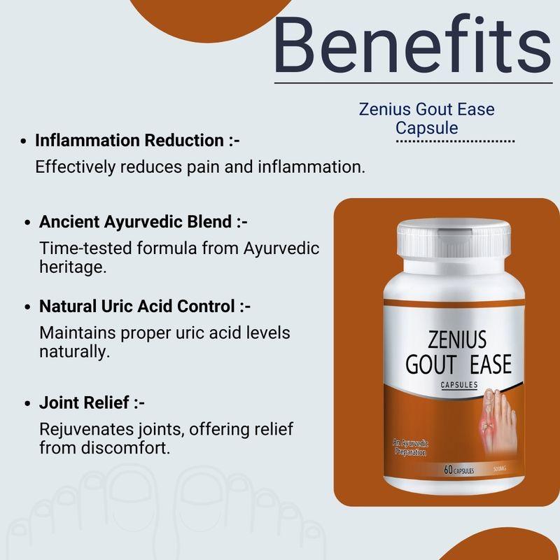 Zenius Gout Ease Capsules - Uric Acid Medicine for Uric Acid Relief and Control - 60 Capsules