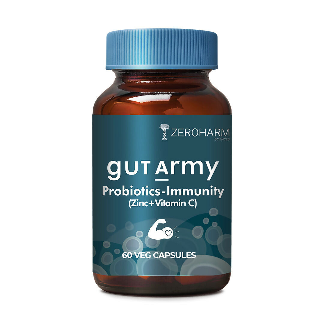 ZEROHARM Gut Army Probiotics & Prebiotics Capsule with Vitamin C & Zinc - Advanced Digestive Health & Immunity Support Supplement for Men & Women - 60 Capsules