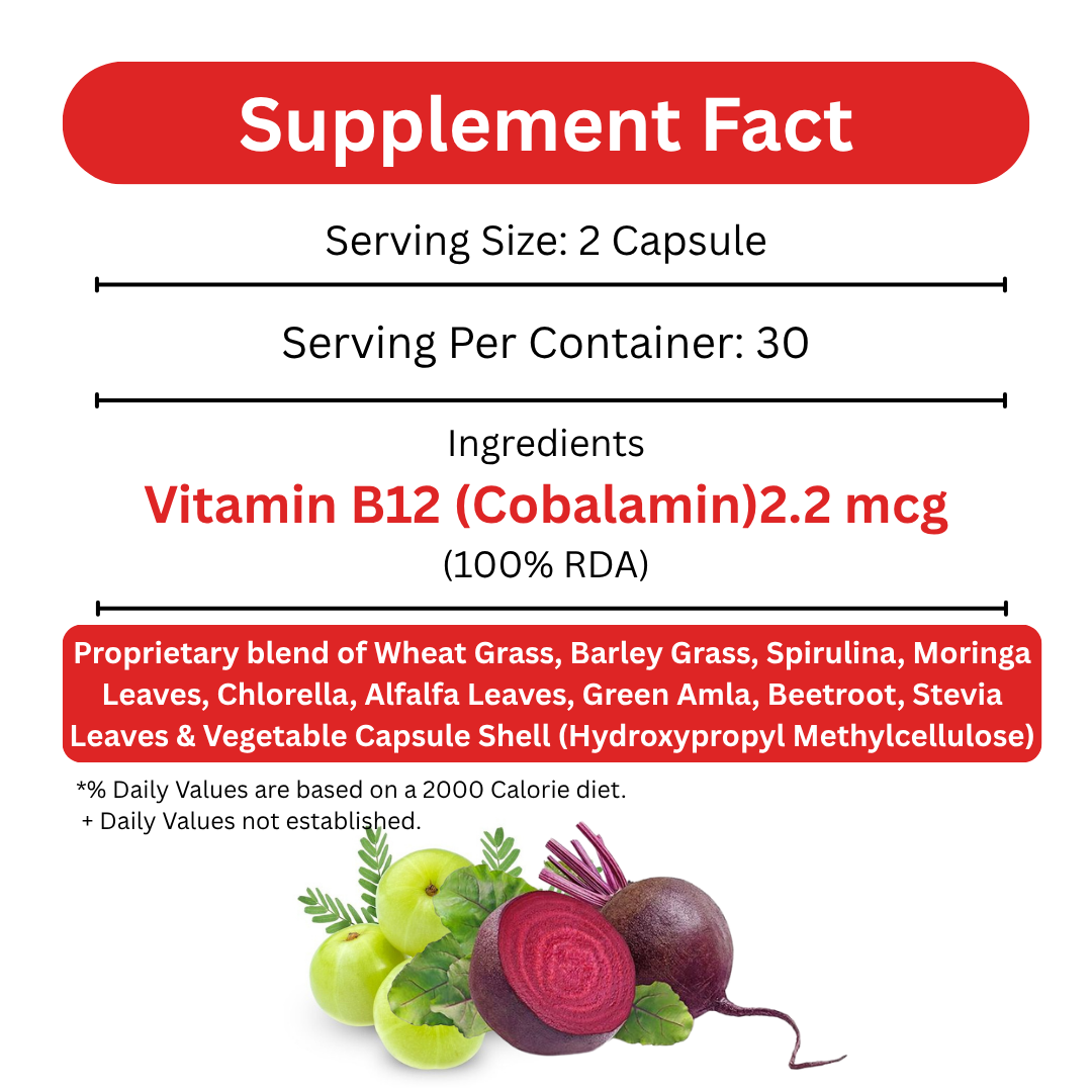NAVR Plant Based Vitamin B12 for Energy, Brain & Nervous System - 60 Capsules