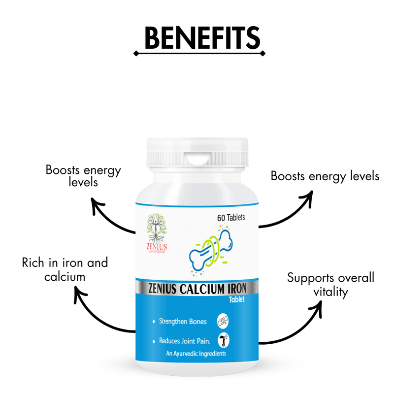 Zenius Calcium Iron Tablets - for Bone Strength, Blood Health, and Vital Nutrients - 60 Tablets