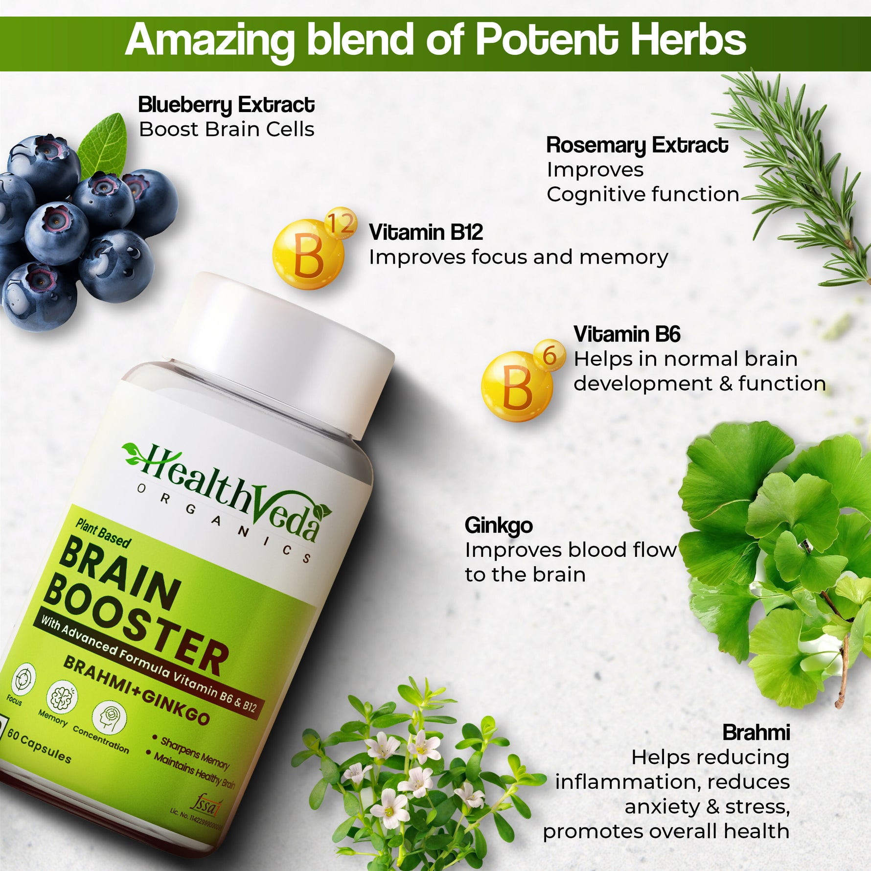 Health Veda Organics Brain Booster Capsule - 60 Capsules